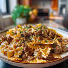 Cheesy Beef and Bowtie Pasta in Garlic Butter