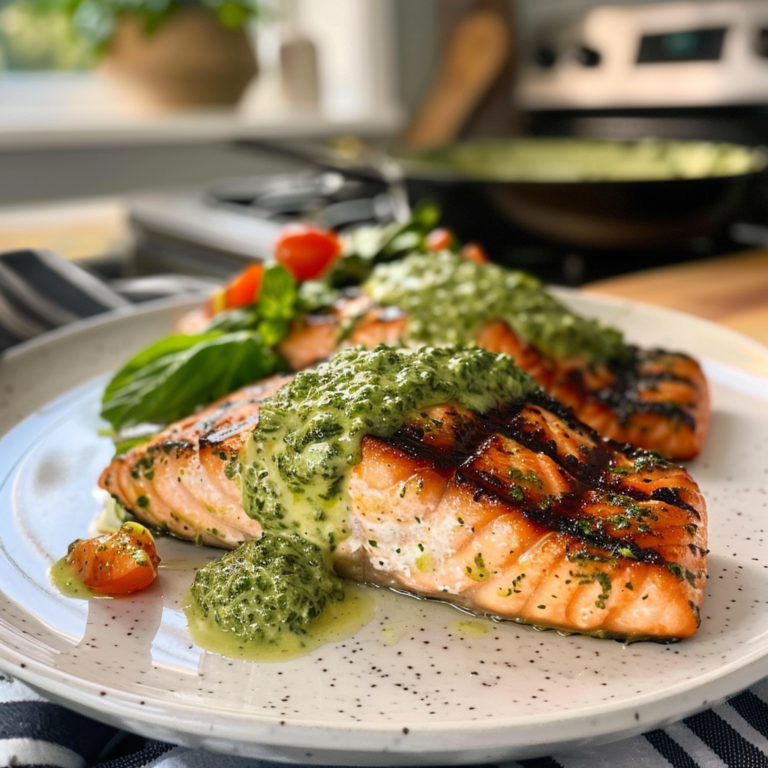 Grilled Salmon with Creamy Pesto Sauce