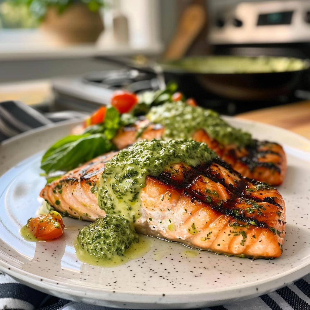 Grilled Salmon with Creamy Pesto Sauce