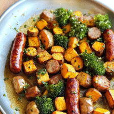 Sheet Pan Sausage and Sweet Potatoes with Honey Garlic Sauce