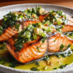Miso Butter Salmon with Sizzled Scallion Salsa Verde