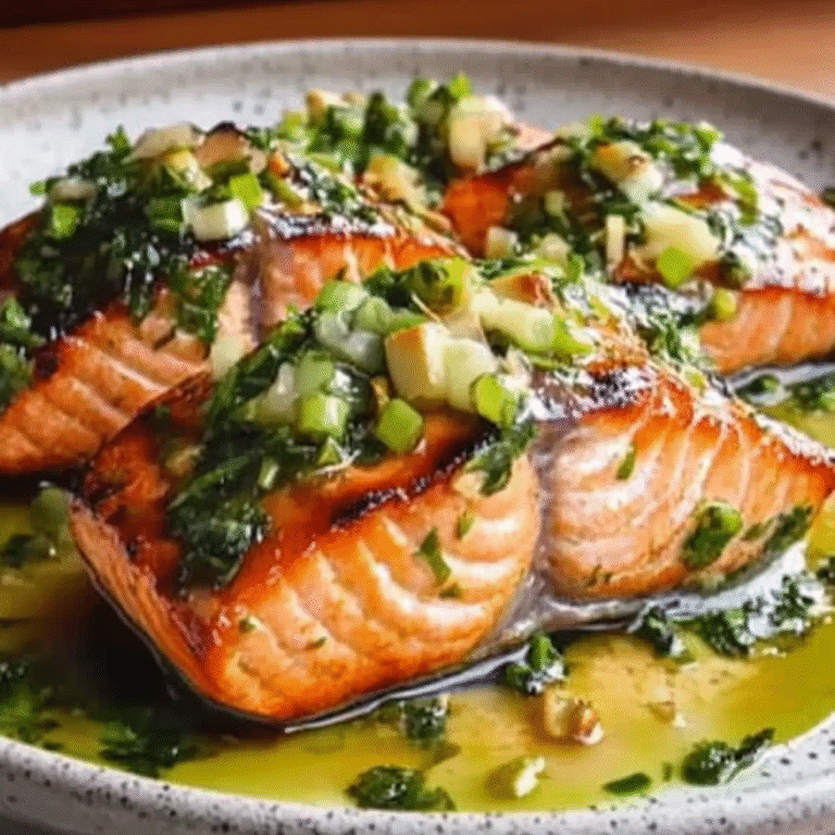 Miso Butter Salmon with Sizzled Scallion Salsa Verde