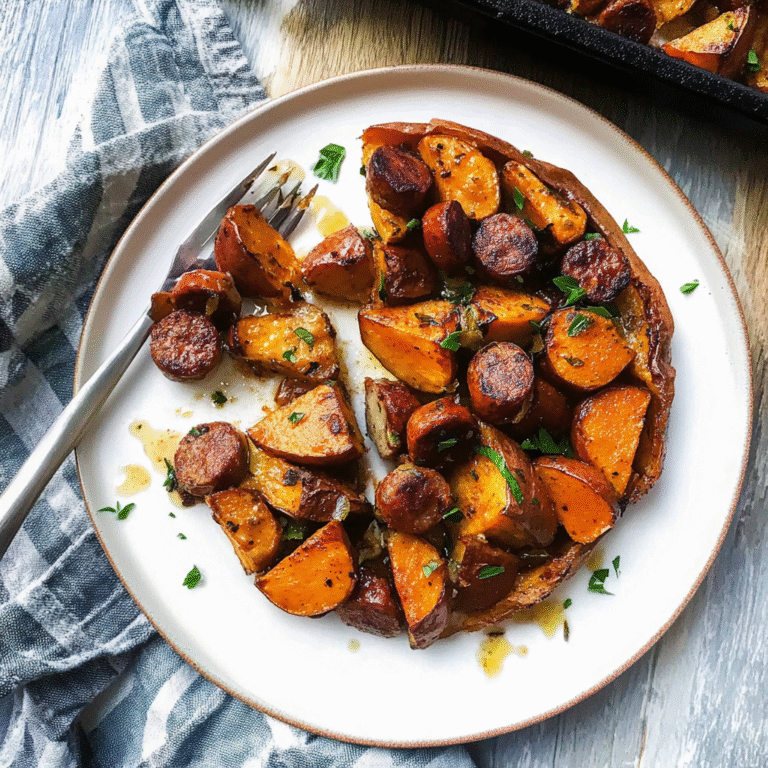 Maple Glazed Sweet Potato & Sausage Bake