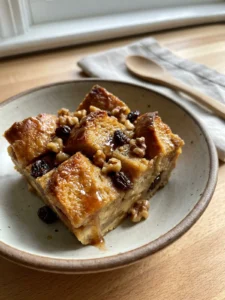 A close-up of a square slice of golden-brown apple butter bread pudding.