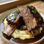 A close-up of tender apple cider braised short ribs on a white plate.