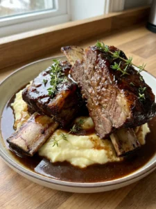 A close-up of tender apple cider braised short ribs on a white plate.