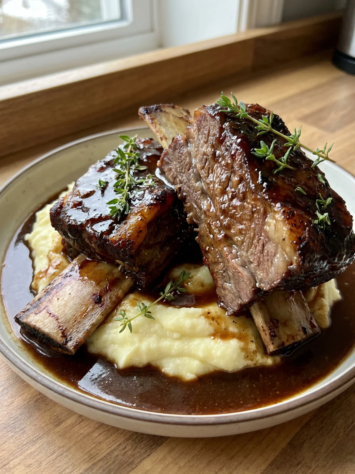 A close-up of tender apple cider braised short ribs on a white plate.