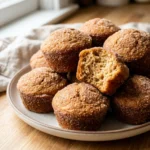 Close-up of several baked apple cider donut muffins on a white plate.