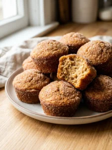 Close-up of several baked apple cider donut muffins on a white plate.