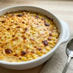 A baked parmesan creamed corn casserole in a white dish, fresh from the oven.