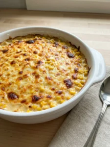 A baked parmesan creamed corn casserole in a white dish, fresh from the oven.