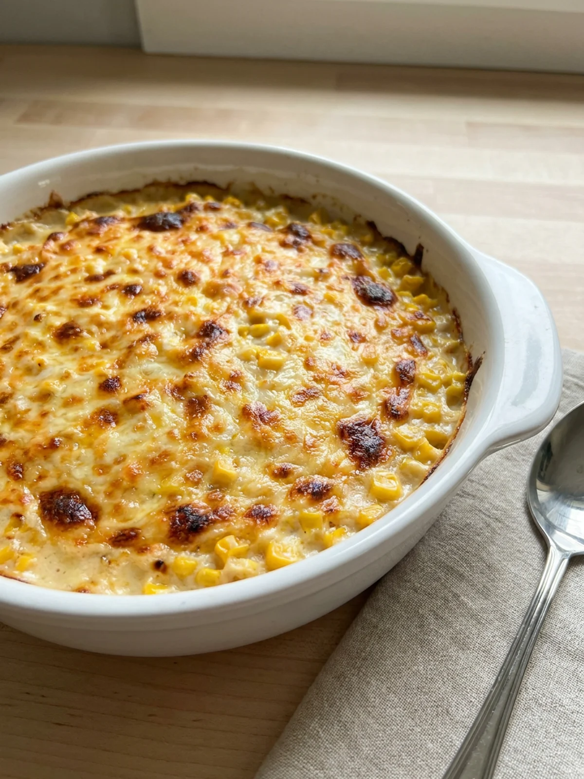A baked parmesan creamed corn casserole in a white dish, fresh from the oven.