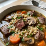 Overhead shot of a bowl of beef and barley soup with a spoon resting on the side.