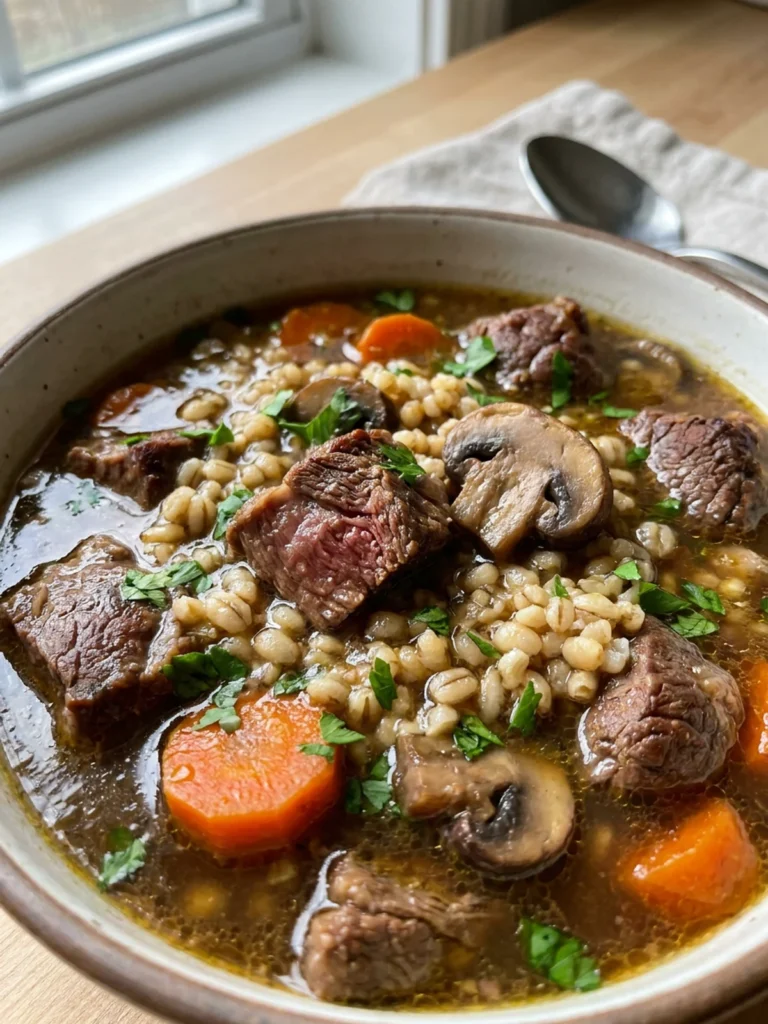 Overhead shot of a bowl of beef and barley soup with a spoon resting on the side.
