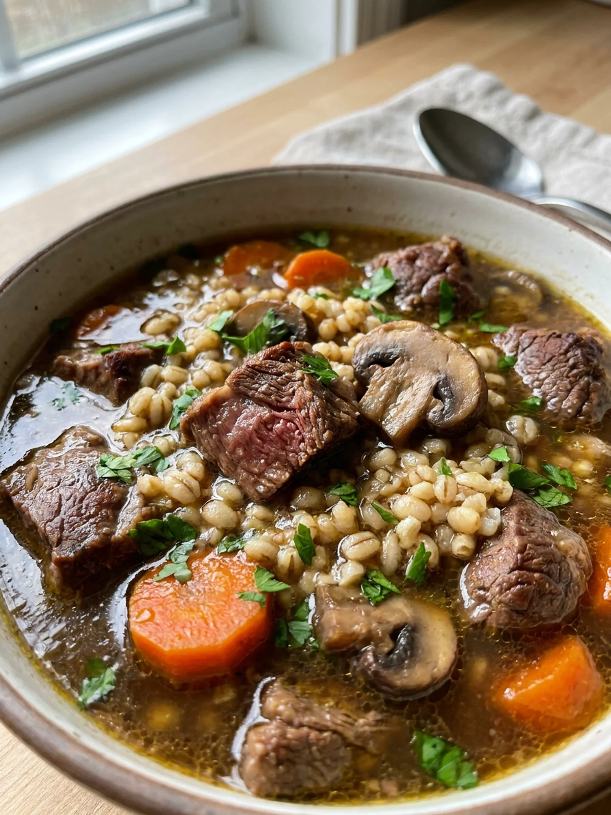 Overhead shot of a bowl of beef and barley soup with a spoon resting on the side.