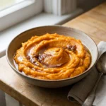 A close-up of creamy orange mashed sweet potatoes in a rustic ceramic bowl.