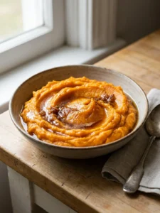 A close-up of creamy orange mashed sweet potatoes in a rustic ceramic bowl.