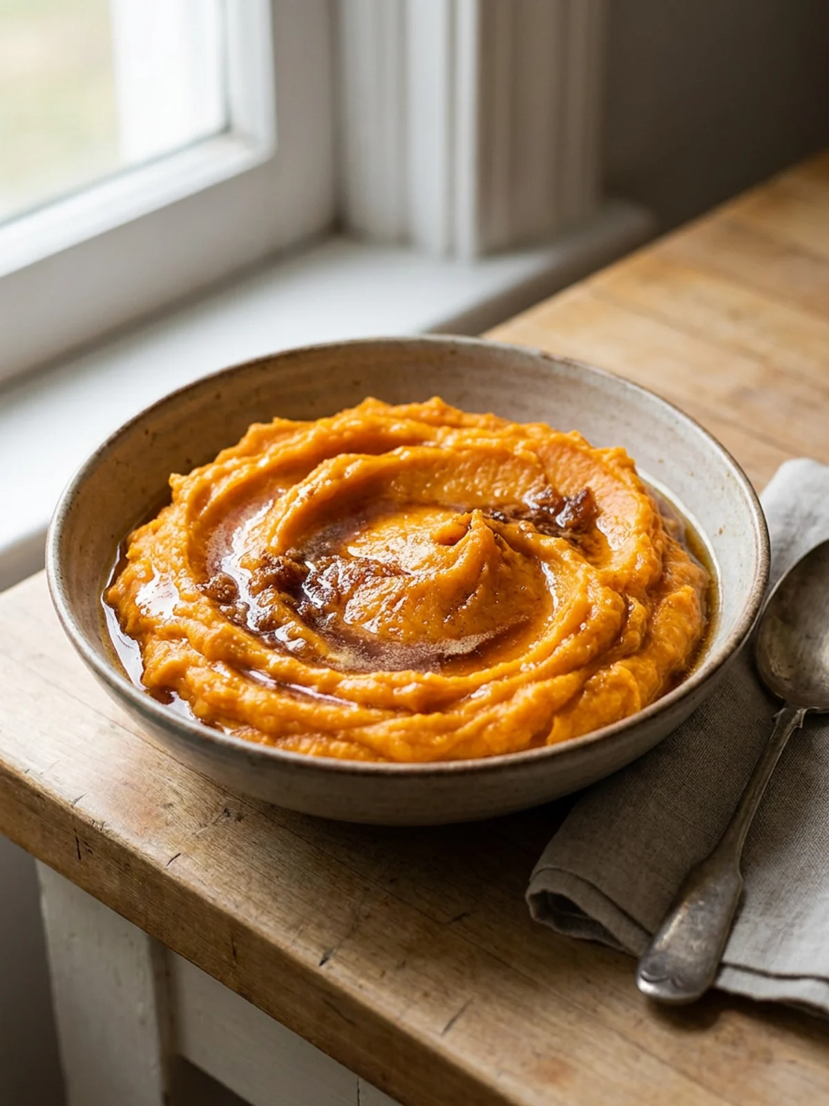 A close-up of creamy orange mashed sweet potatoes in a rustic ceramic bowl.