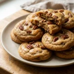 A close-up of a broken cookie showing its soft texture and pecan pieces inside.