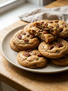 A close-up of a broken cookie showing its soft texture and pecan pieces inside.