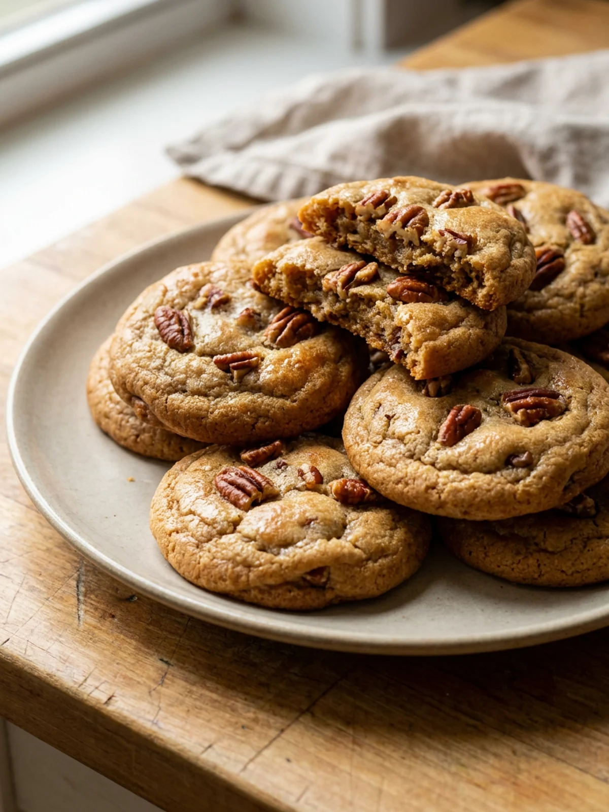 A close-up of a broken cookie showing its soft texture and pecan pieces inside.