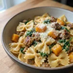 A stainless steel skillet showing creamy spinach sauce with pasta and sausage being mixed in.