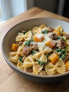 A stainless steel skillet showing creamy spinach sauce with pasta and sausage being mixed in.
