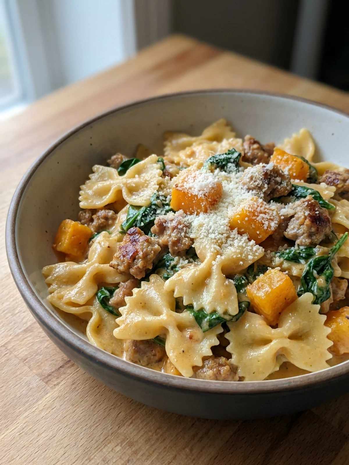 A stainless steel skillet showing creamy spinach sauce with pasta and sausage being mixed in.