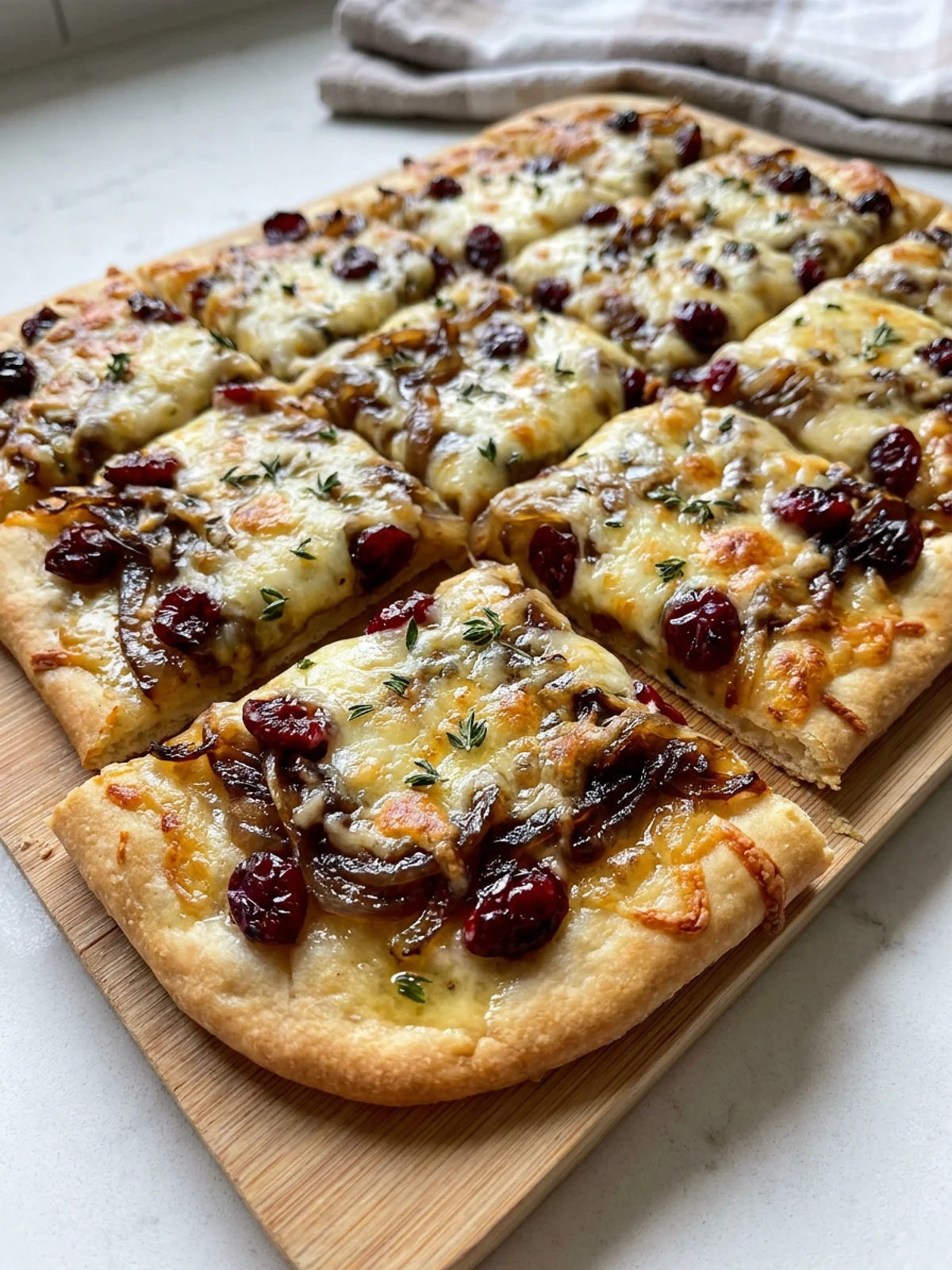 A close-up of the baked flatbread showing melted Gruyère and thyme garnish.
