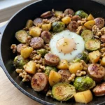 A close-up of a serving of chicken sausage hash in a rustic white bowl.