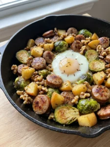 A close-up of a serving of chicken sausage hash in a rustic white bowl.