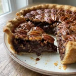 The gooey interior of a chocolate pecan pie shown on a fork.