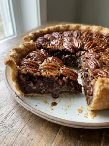 The gooey interior of a chocolate pecan pie shown on a fork.
