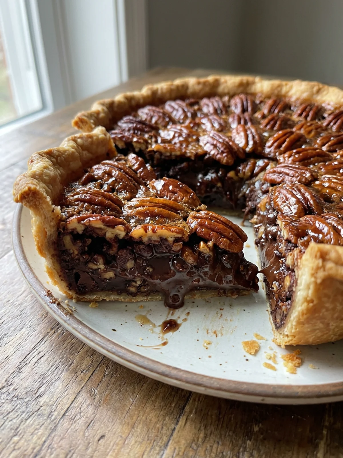 The gooey interior of a chocolate pecan pie shown on a fork.
