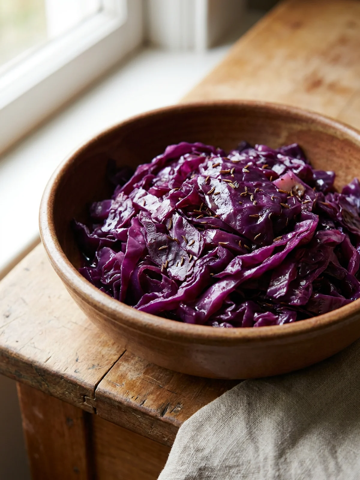 A serving bowl filled with vibrant purple braised cabbage with steam rising from it.