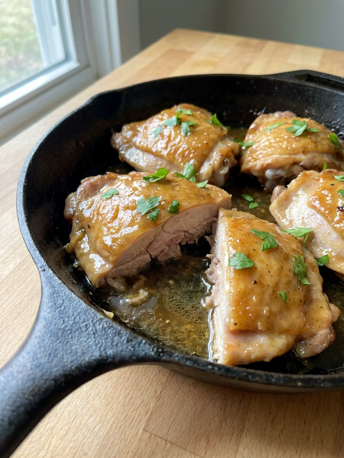 A serving of cider glazed chicken thighs next to a scoop of mashed potatoes.