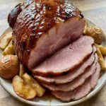 A close-up of sliced cider glazed ham showing its juicy texture and shiny surface.