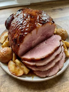 A close-up of sliced cider glazed ham showing its juicy texture and shiny surface.