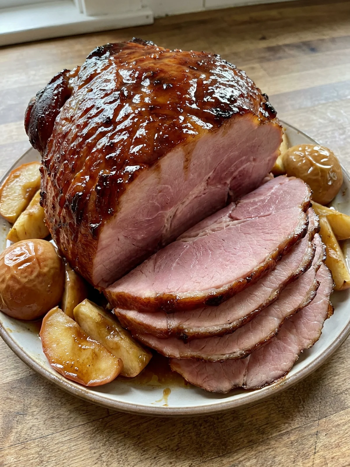 A close-up of sliced cider glazed ham showing its juicy texture and shiny surface.