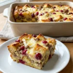 A square slice of breakfast strata on a white plate, showing melted brie and cranberries.