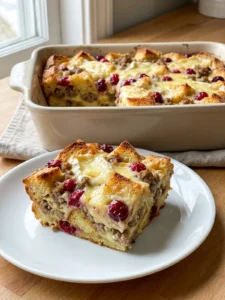 A square slice of breakfast strata on a white plate, showing melted brie and cranberries.