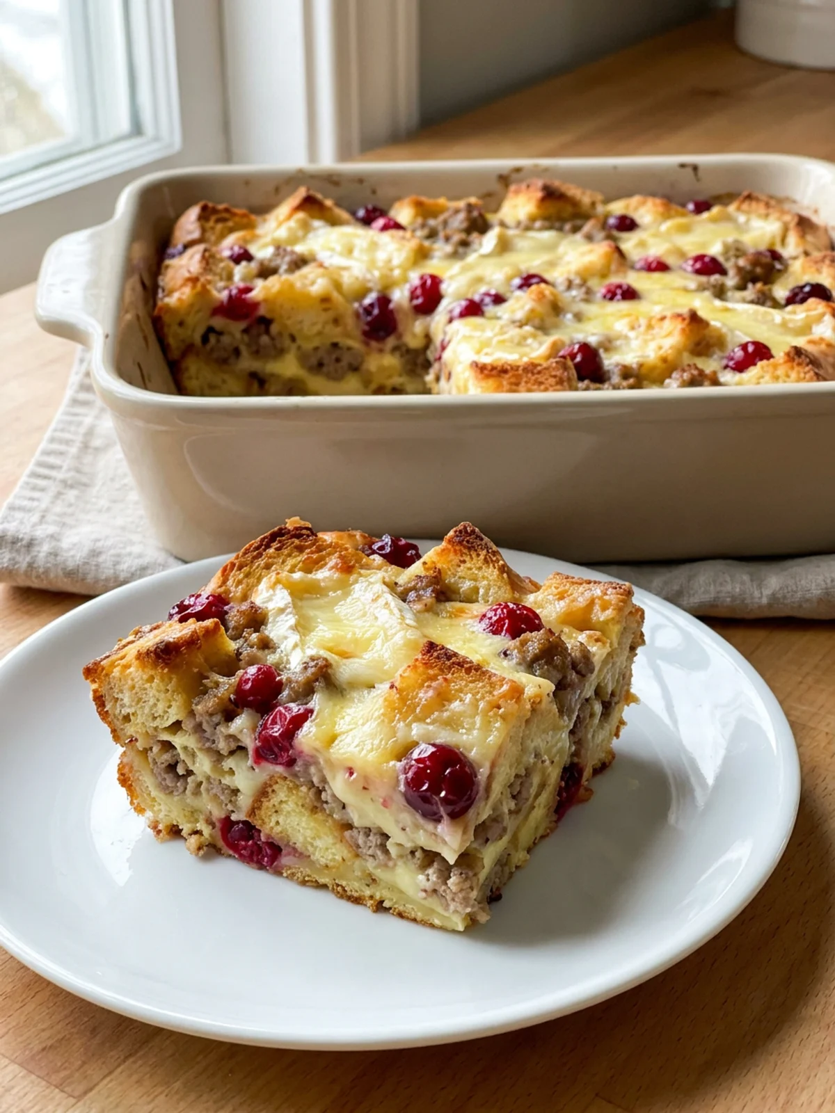 A square slice of breakfast strata on a white plate, showing melted brie and cranberries.