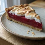 A side view of the cranberry tart, highlighting the distinct layers of crust, red curd, and white meringue.