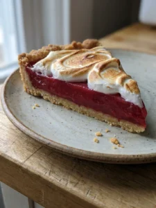 A side view of the cranberry tart, highlighting the distinct layers of crust, red curd, and white meringue.