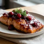 A close-up of a serving of cranberry glazed salmon with fresh dill garnish.