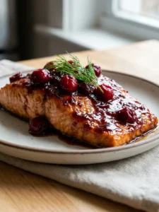 A close-up of a serving of cranberry glazed salmon with fresh dill garnish.