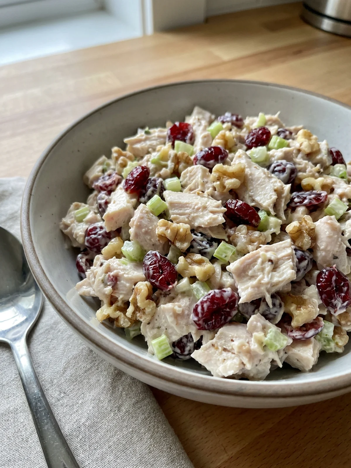A scoop of cranberry chicken salad served on a piece of lettuce.