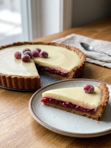 A full view of the finished cranberry white chocolate tart, ready to be served.