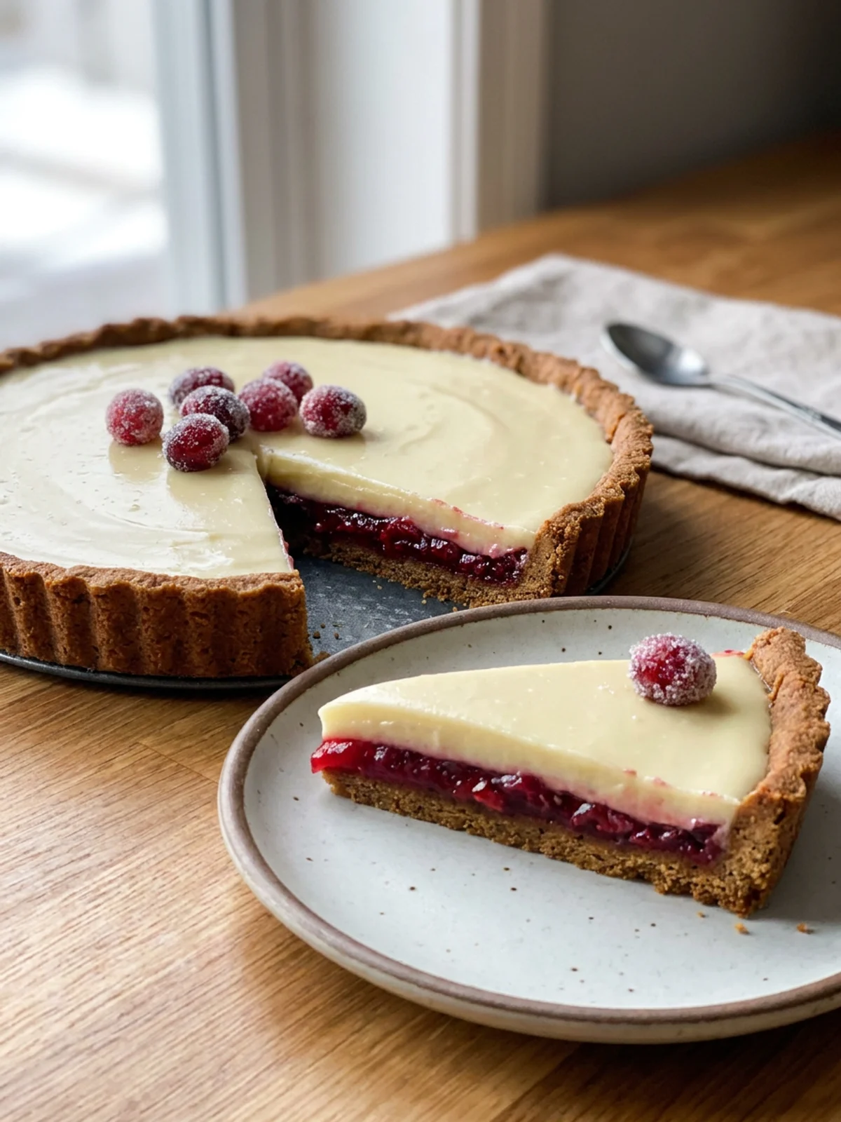 A full view of the finished cranberry white chocolate tart, ready to be served.