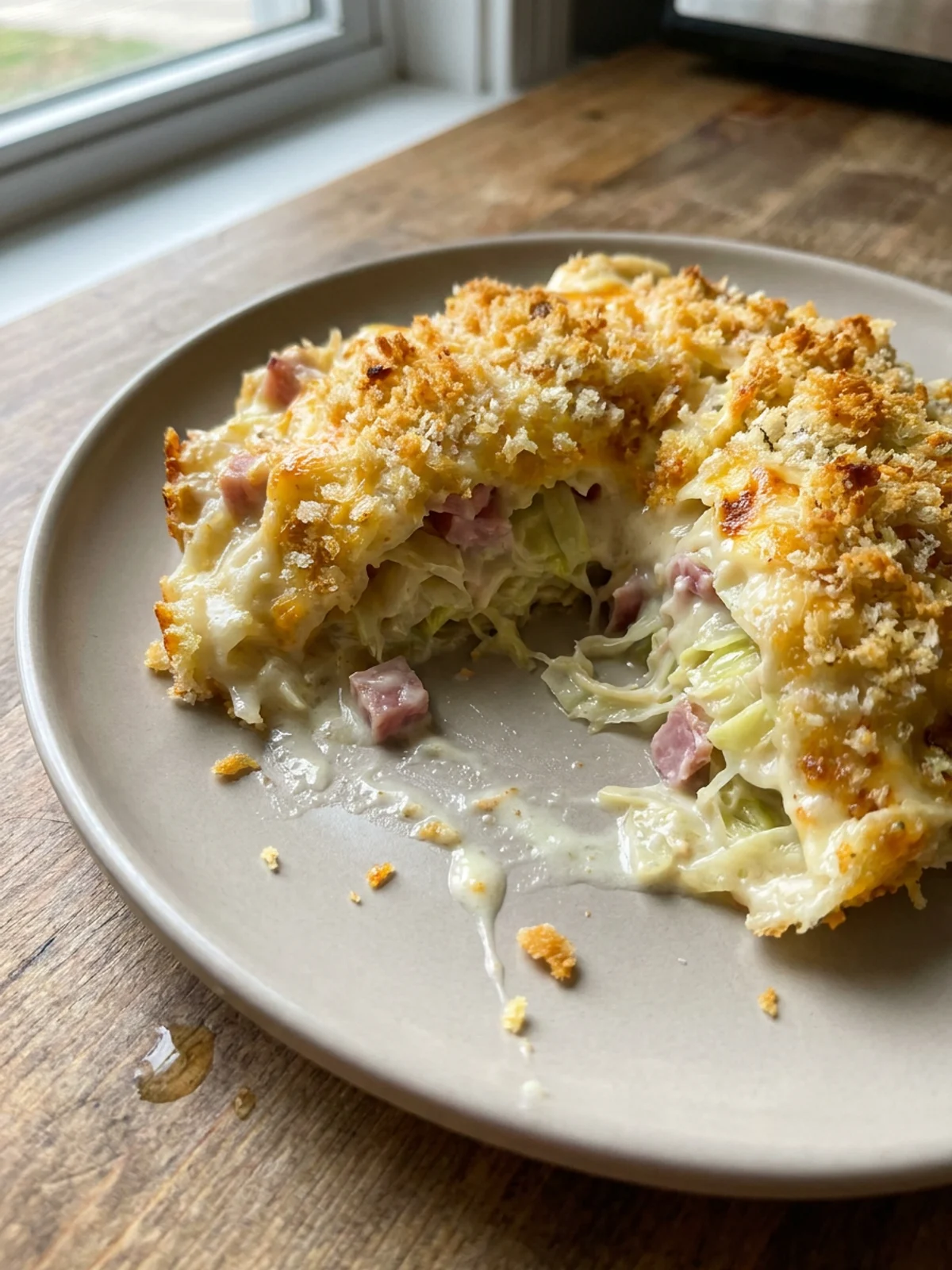 A close-up of the baked cabbage casserole with a golden breadcrumb topping.